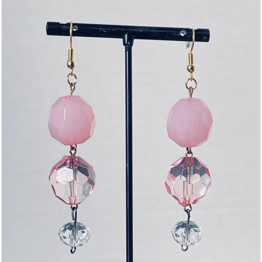 Handmade pink crystal bead balls drop earrings